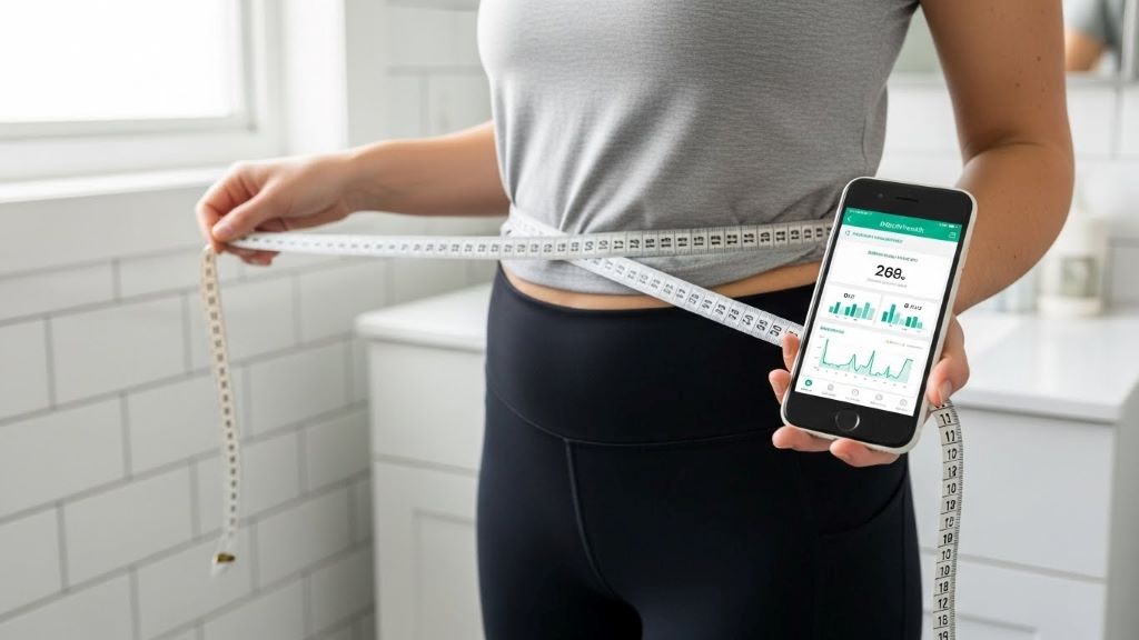 Person measuring waist with tape measure while reviewing Mochi Health weight loss program results on smartphone app dashboard