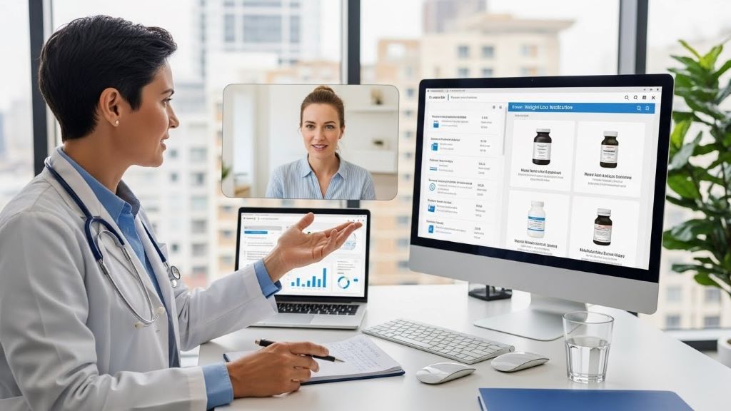 Doctor conducting virtual telehealth weight loss consultation with patient on computer screen showing weight loss medication options