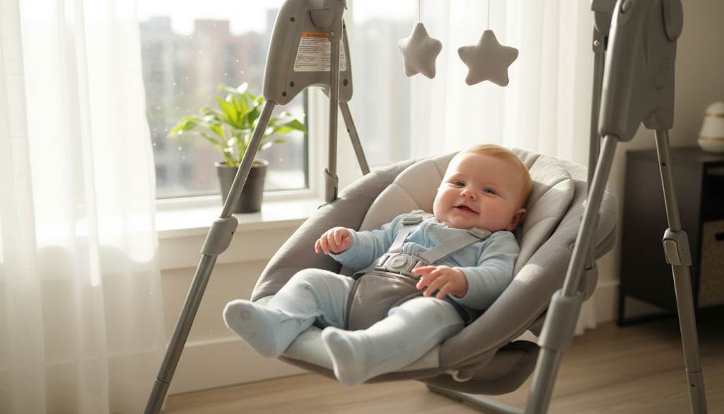 Happy baby relaxing in a space-saving portable swing with natural light from apartment window