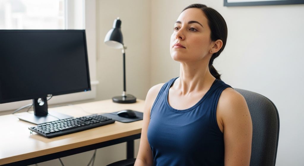 Person demonstrating chin tuck exercise for neck hump correction while sitting upright at desk