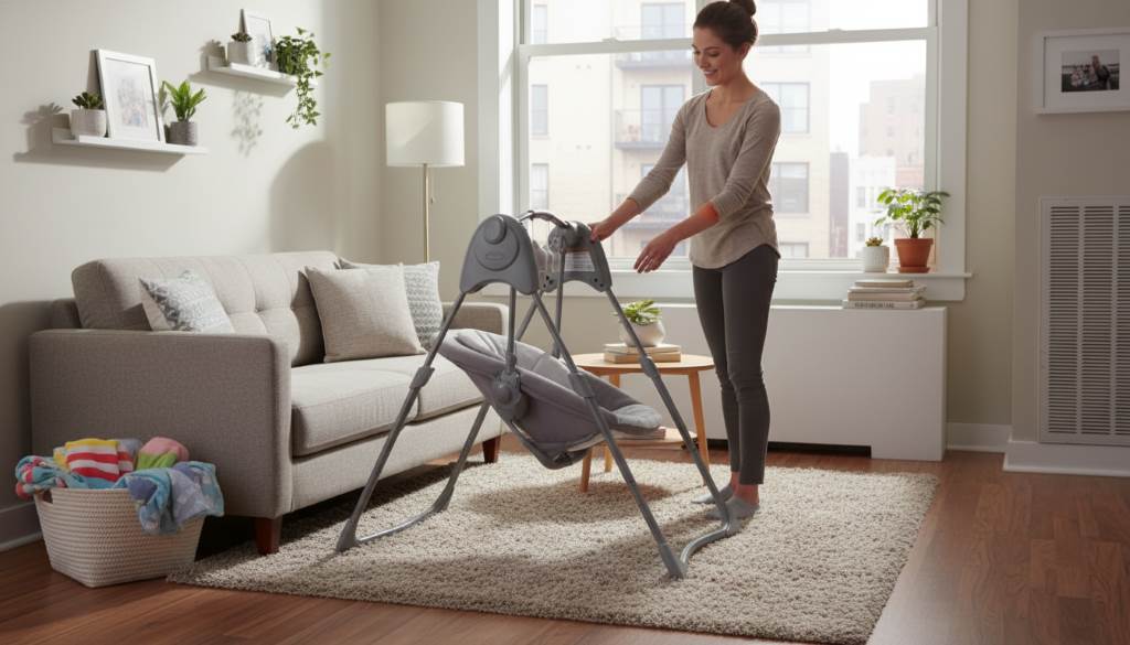 Parent folding a compact baby swing in a small urban apartment living room for easy storage