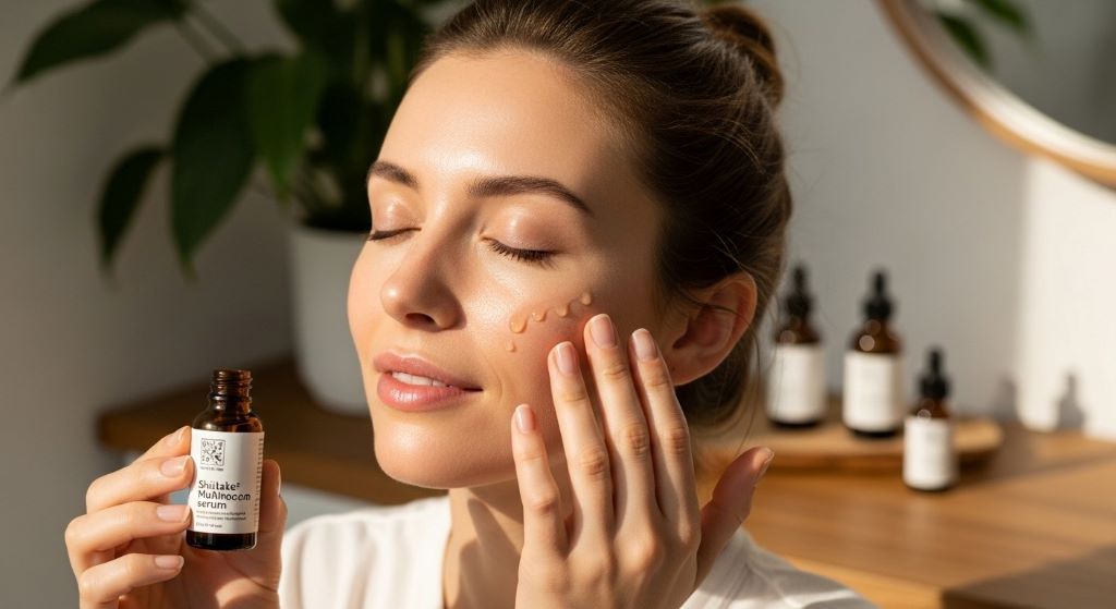 Woman applying shiitake mushroom serum to face demonstrating natural antioxidant skincare routine for healthy glowing skin