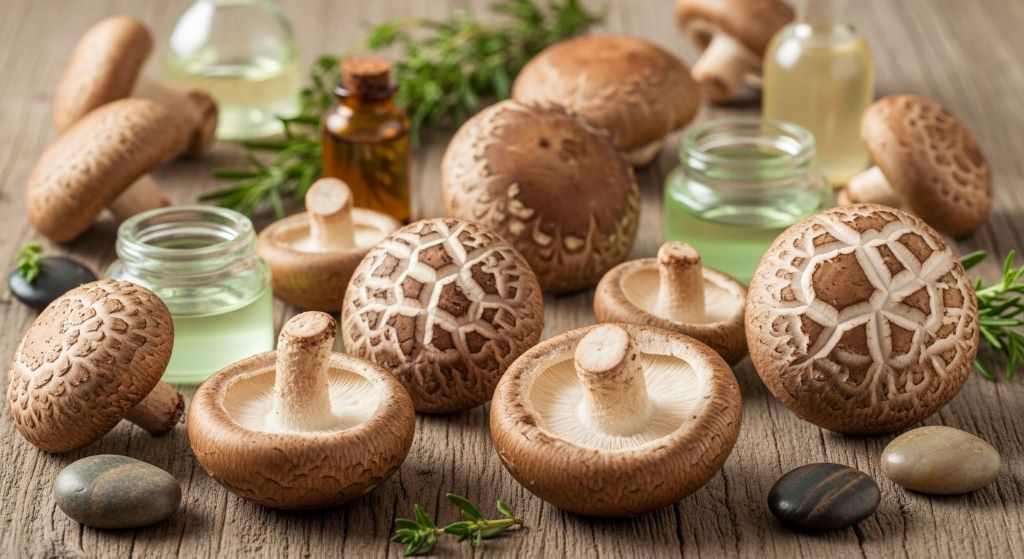 Fresh shiitake mushrooms arranged on wooden surface showing natural antioxidant-rich skincare ingredients