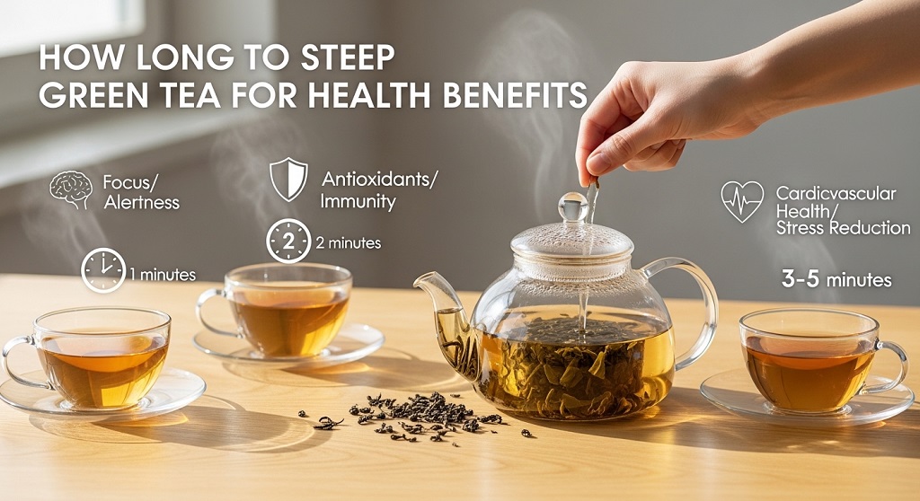 loose leaf green tea steeping in glass teapot for 3 minutes