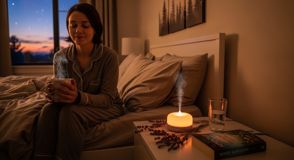 A calming cup of chamomile tea to reduce anxiety before bed