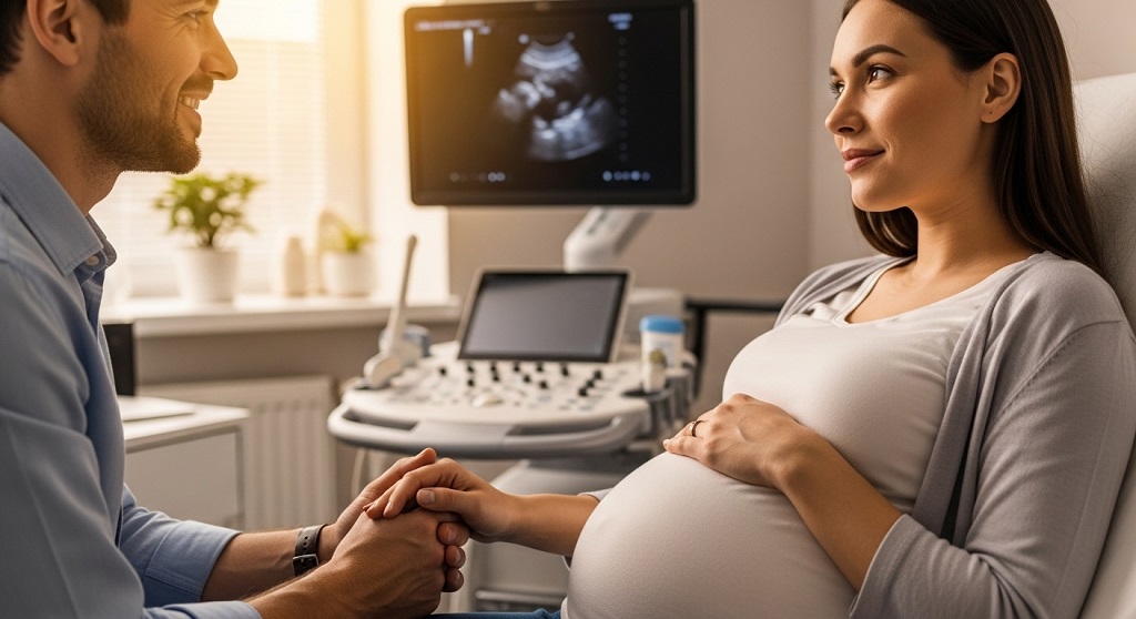 A 3D medical illustration of a fetus used to explain fetal development and anomaly screening procedures.