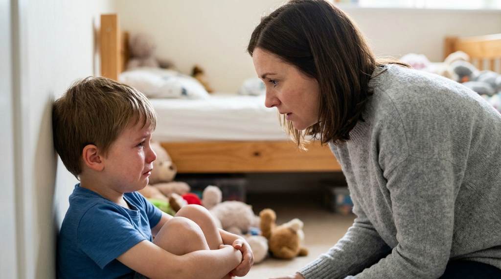 Parent gently comforting a frightened child at home