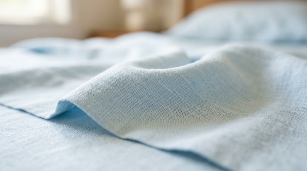 Close-up of breathable light blue bamboo cotton bed sheets.