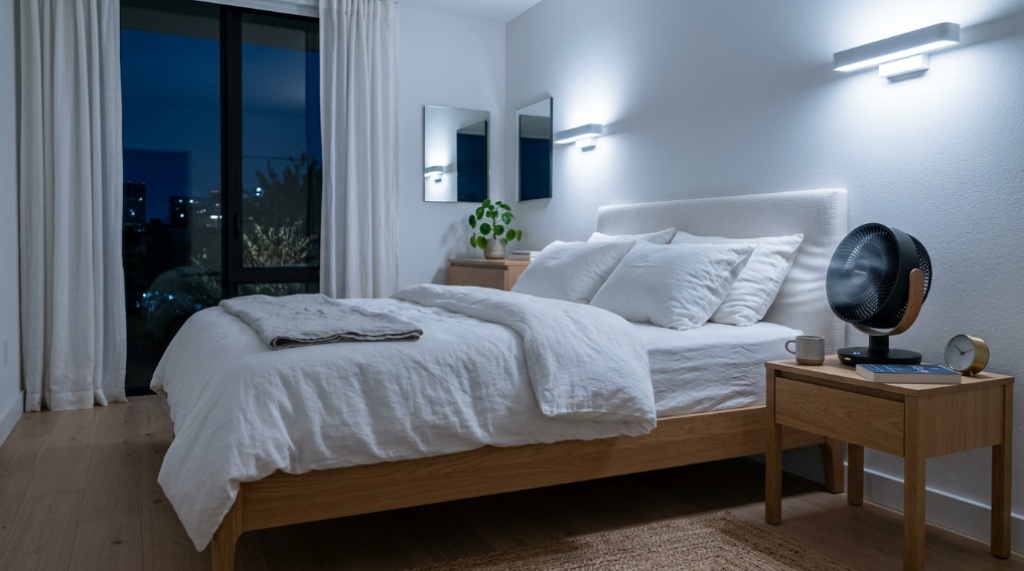 Modern bedroom with crisp linen sheets and an oscillating fan at night.